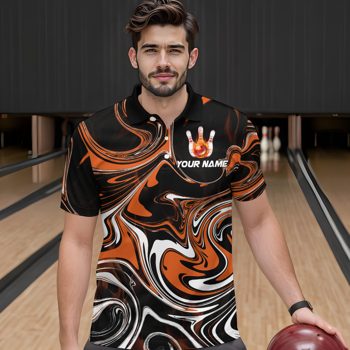 Custom Flame Bowling Shirt Orange Polo Bowling Shirt Unisex Bowling Outfits QZT602