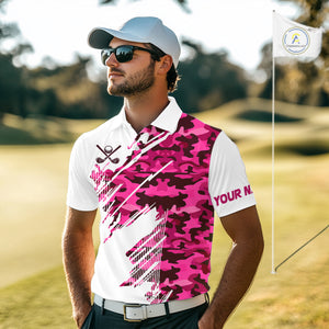 Personalized Mens golf polo shirts custom white and pink camo mens golf apparel, golfing gifts NQS10335