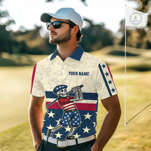 Funny Skull golfer vintage American Flag Custom patriotic golf polo shirts for men, golfing gifts NQS9964