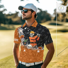 Load image into Gallery viewer, Halloween Skull Playing Golf Mens Golf Polo Shirt Custom black and orange Halloween mens golf outfit NQS10341