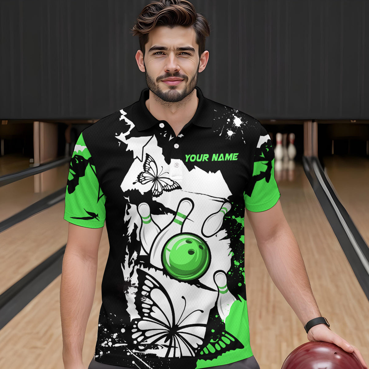 Custom Green Butterflies Bowling Shirt for Men Women Team Bowling Polo&Quater Zip MBL76