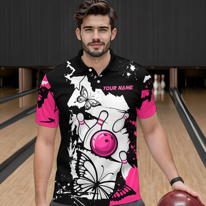 Custom Pink Butterflies Bowling Shirt for Men Women Team Bowling Polo&Quater Zip MBL76