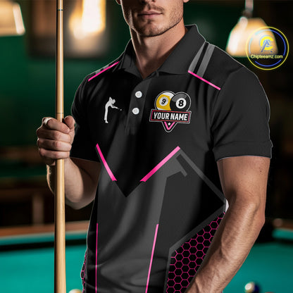Personalized 8 Ball & 9 Ball Pool Billiard Polo, 1/4 Zip For Men Custom Team Billiard Jersey|Pink TDM4048