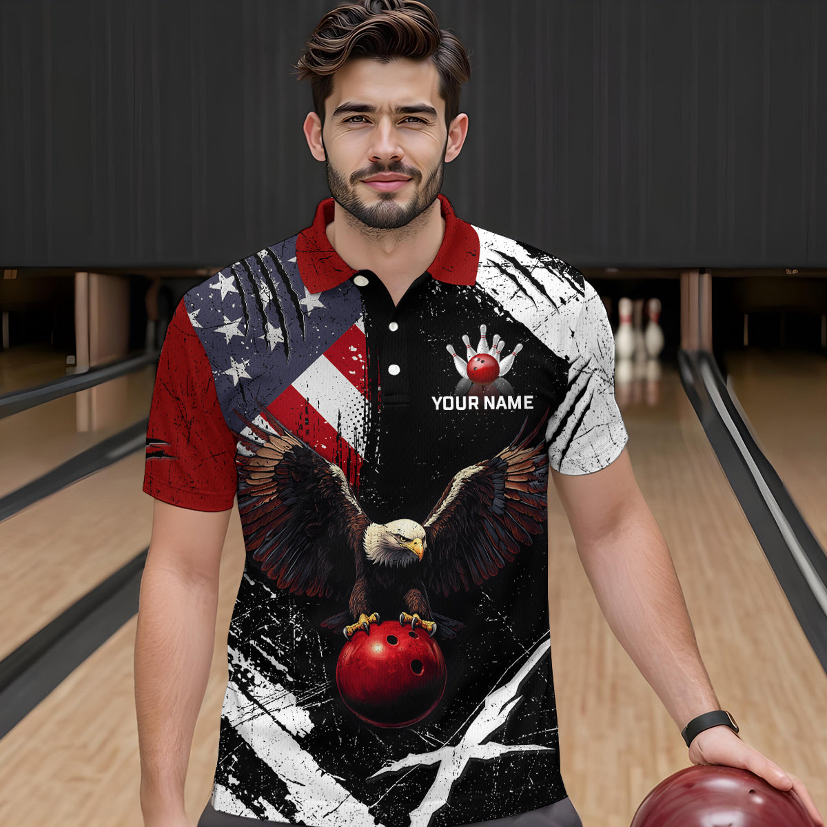 US Flag Eagle Custom Name Bowling Team Shirts For Men Bowling League Polo & 1/4 Zip Shirt HNT06