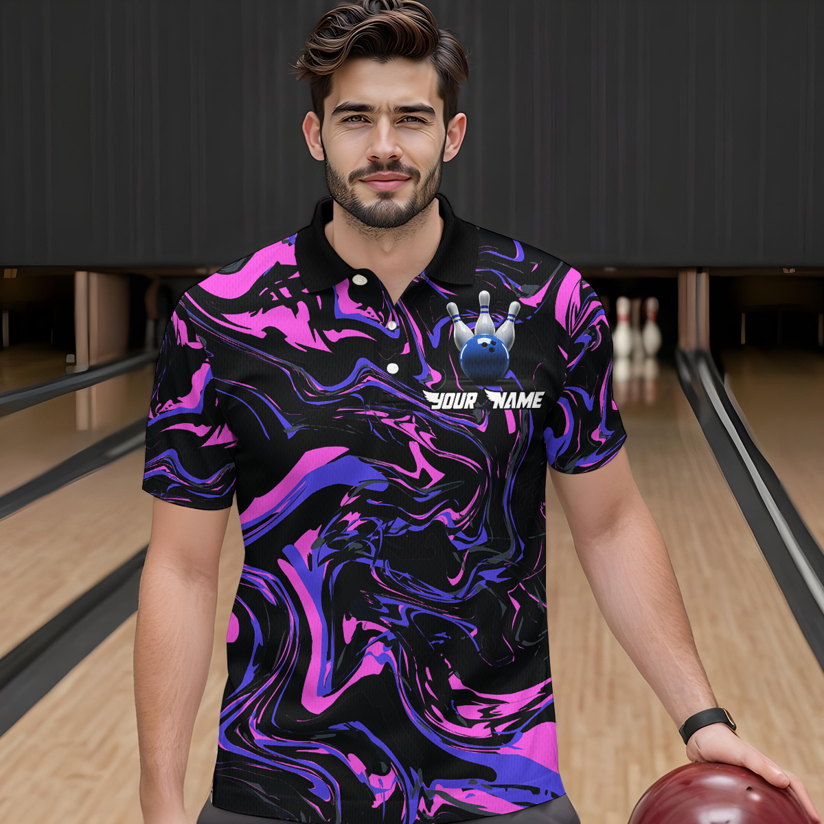 Pink Purple Bowling Custom Men Bowling Shirt Polo & Quarter-Zip Bowling Team Jerseys HNT48
