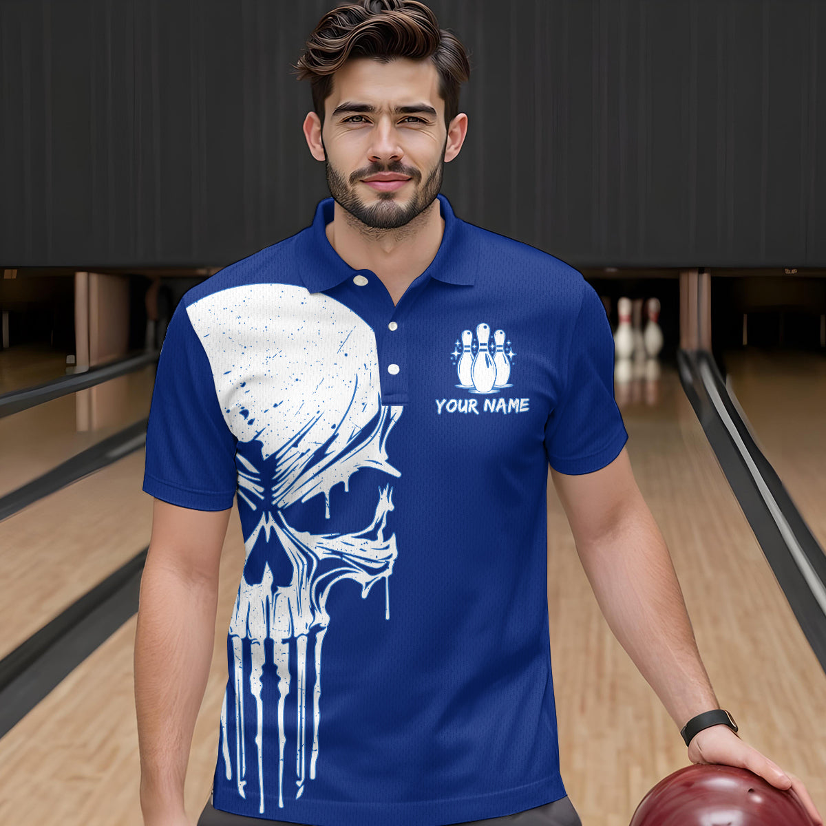Custom Skull Bowling Shirt Blue Bowling Jersey for Men Women Team Polo&1/4 Zip MBL58