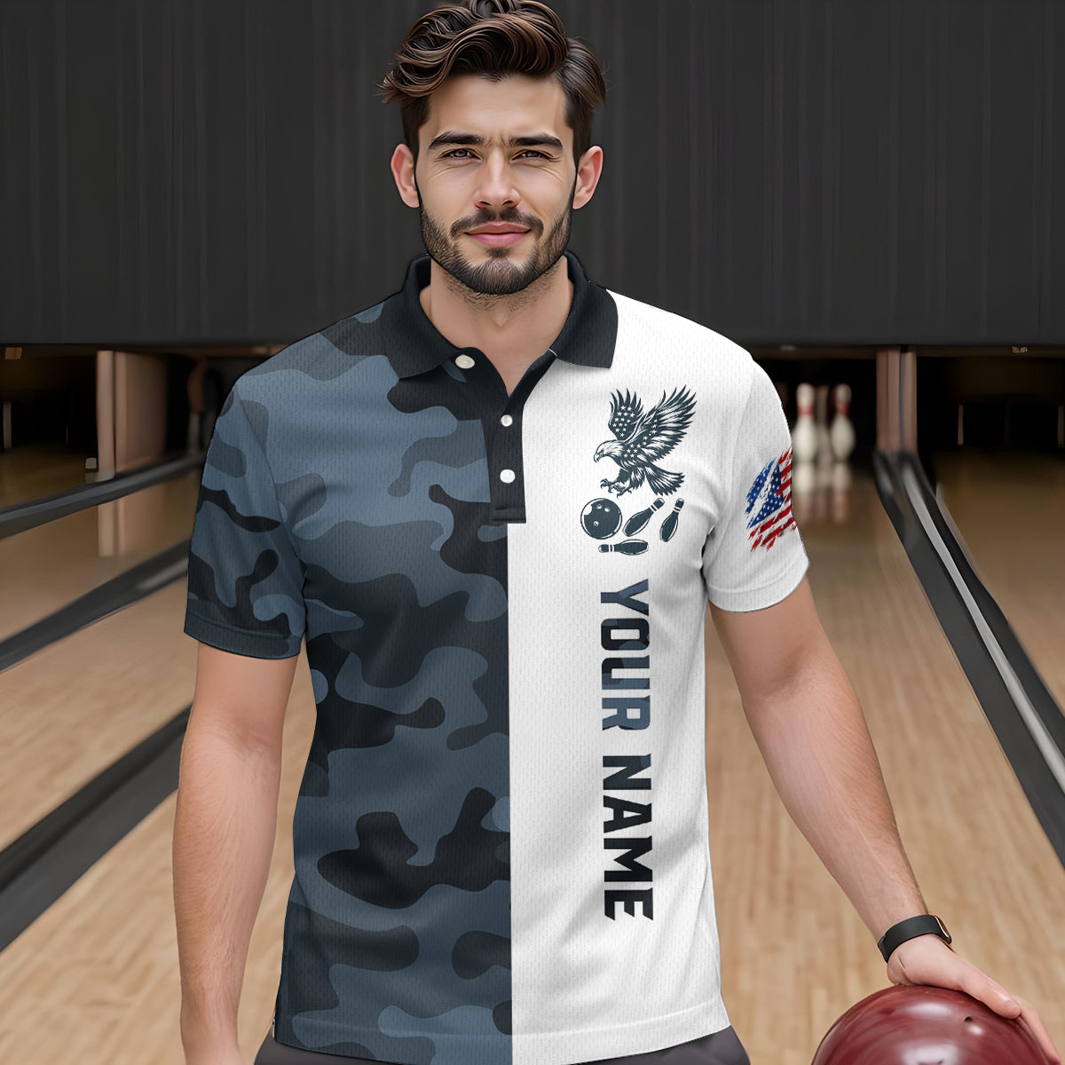 Camouflage Bowling Shirt Custom Eagle Bowling Team Jersey Patriotic Polo Shirt QZT676