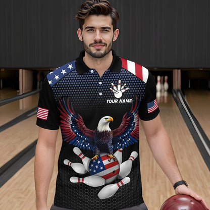 Man wearing custom american flag with eagle bowling polo shirt, front view mockup, personalized bowling league jersey.