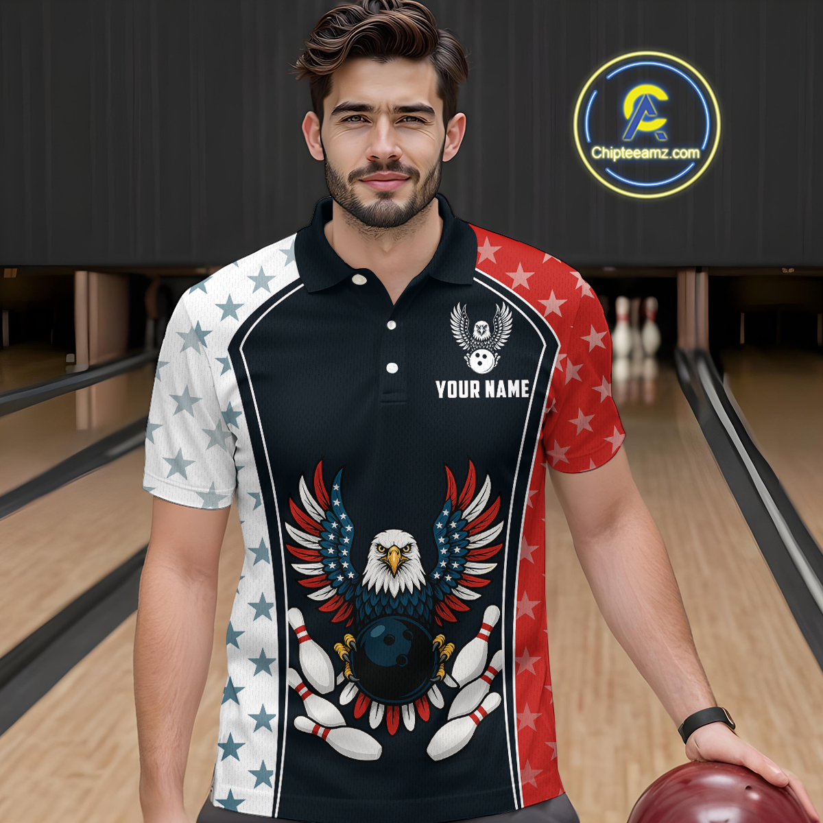Eagel US Flag Bowling Custom Men Bowling Shirt Polo & Quarter-Zip Bowling Team Jerseys HNT57
