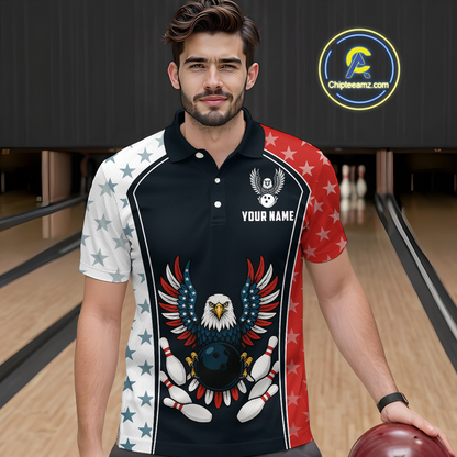 Eagel US Flag Bowling Custom Men Bowling Shirt Polo & Quarter-Zip Bowling Team Jerseys HNT57