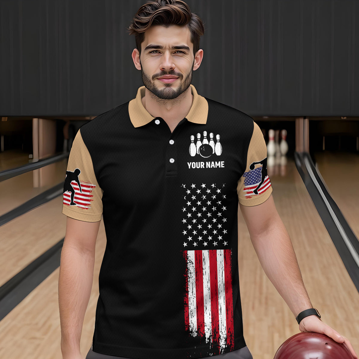 American Flag Brown Bowling Shirts for Men Women Team Bowling Jersey Polo & 1/4 Zip MBL17