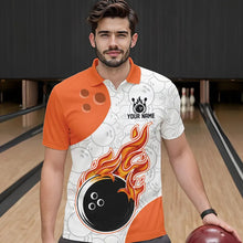 Load image into Gallery viewer, Man wearing custom orange and white bowling polo shirt, front view mockup, personalized bowling league jersey.