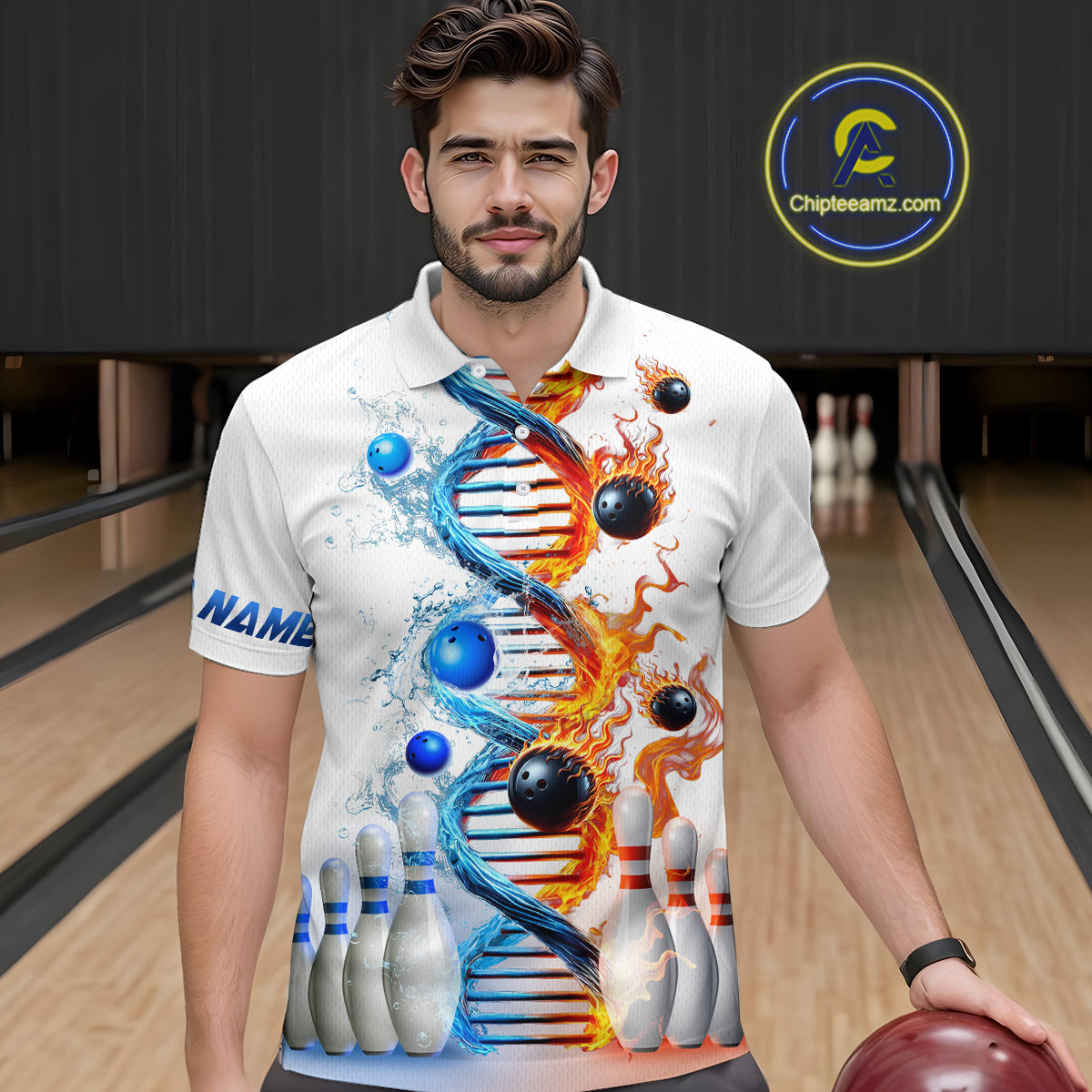 Man wearing custom ice and fire DNA bowling polo shirt, front view mockup, personalized bowling league jersey.