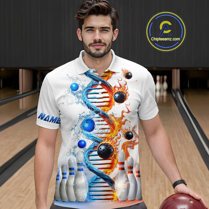 Man wearing custom ice and fire DNA bowling polo shirt, front view mockup, personalized bowling league jersey.