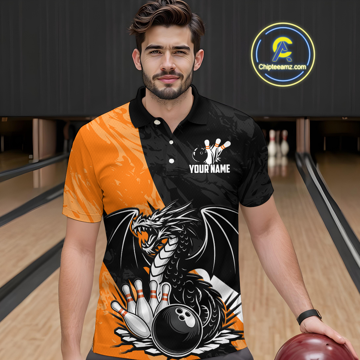 Custom Orange Dragon Bowling Men Shirts Bowling Uniform Polo & 1/4 Zip Bowling Team Jerseys HNT103