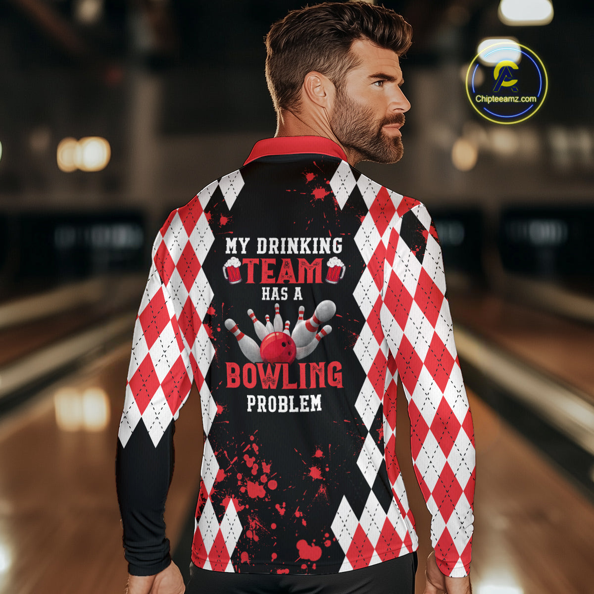 Red argyle pattern Retro Bowling Shirts For Men Custom My drinking team has a bowling problem NQS9825