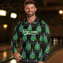 Load image into Gallery viewer, Black Bowling Ball Camo Green Flame Bowling Polo, 1/4 Zip Shirt for Men Custom Bowling Team Jersey NQS9479