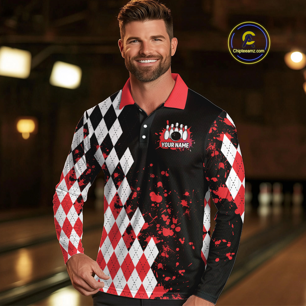 Red argyle pattern Retro Bowling Shirts For Men Custom My drinking team has a bowling problem NQS9825