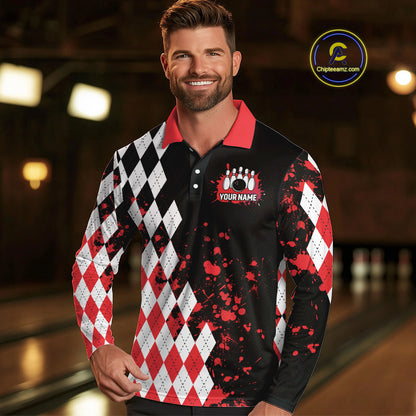 Red argyle pattern Retro Bowling Shirts For Men Custom My drinking team has a bowling problem NQS9825