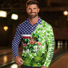 Load image into Gallery viewer, American flag St Patrick day shamrock pattern custom Team Bowling Polo, Quarter Zip shirt for Men NQS9581