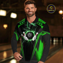 Load image into Gallery viewer, Black Men bowling Polo, Quarter Zip shirt Custom lightning thunder team league bowling jersey | Green NQS10374