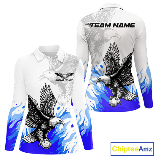 Womens Long Sleeve Golf Polo Shirt Custom Eagle Blue Flame Golf Tops, White Golf Outfit NHN0070