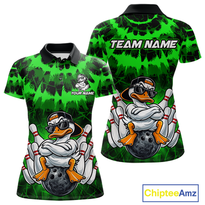 Custom Green Funny Duck Bowling Jersey for Women Bowling Uniform Polo & 1/4 Zip Bowling Team Shirts HNT238