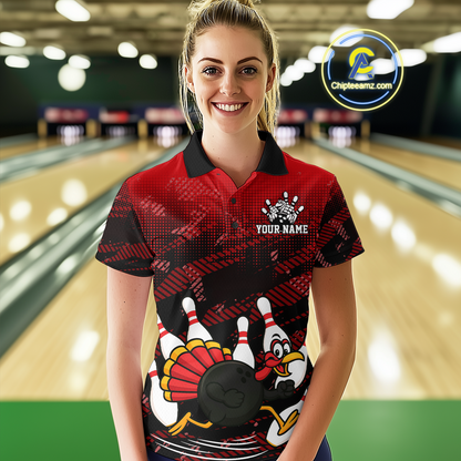 Custom Red Funny Turkey Bowling Jersey for Women Thanksgiving Bowling Team Shirts Polo & 1/4 Zip HNT125