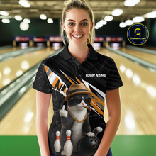 Load image into Gallery viewer, Custom Orange Funny Cat Bowling Jersey for Women Bowling Shirt Polo &amp; 1/4 Zip Bowling Team Shirts HNT136
