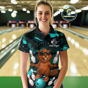 Custom Teal Funny Beaver Bowling Team Shirt Women Bowling League Jersey Polo Bowling Outfit QZT764