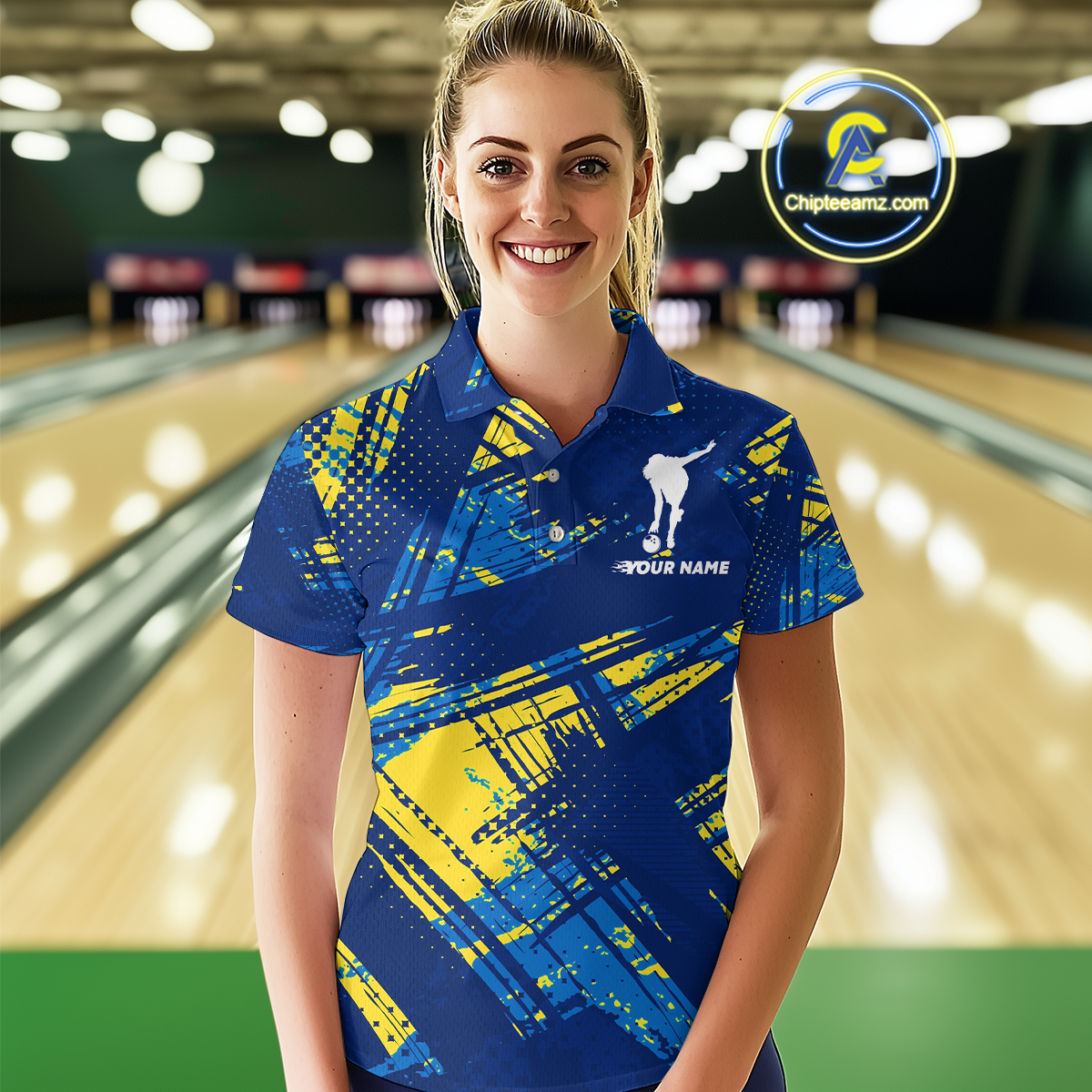 Custom Blue Yellow Bowling Jersey for Women Bowling Uniform Polo & 1/4 Zip Bowling Team Shirts HNT122