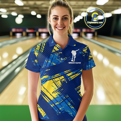 Custom Blue Yellow Bowling Jersey for Women Bowling Uniform Polo & 1/4 Zip Bowling Team Shirts HNT122