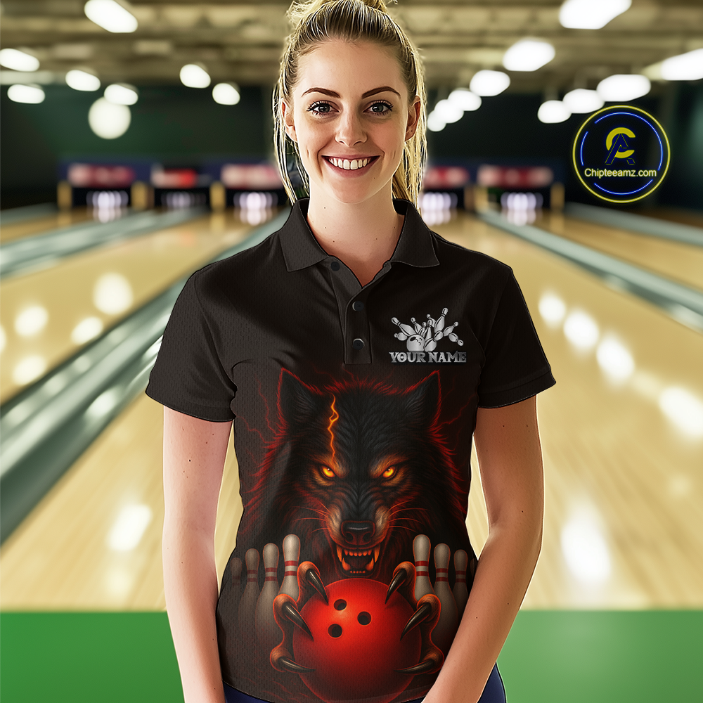 Red&Black Wolf Bowling Shirts for Team Women Men Custom Wolf Bowling Polo &1/4 Zip MBL196