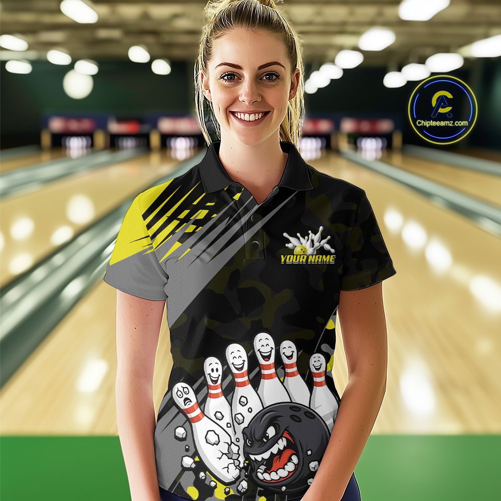 Custom Yellow Funny Bowling Shirt Crazy Bowling Jersey Women Polo & 1/4 Zip Bowling Outfit QZT785