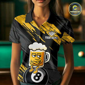 Custom Yellow Funny Beer 8 Ball Billiard Shirts for Men Billiard Team Shirts Polo & 1/4 Zip NNT78