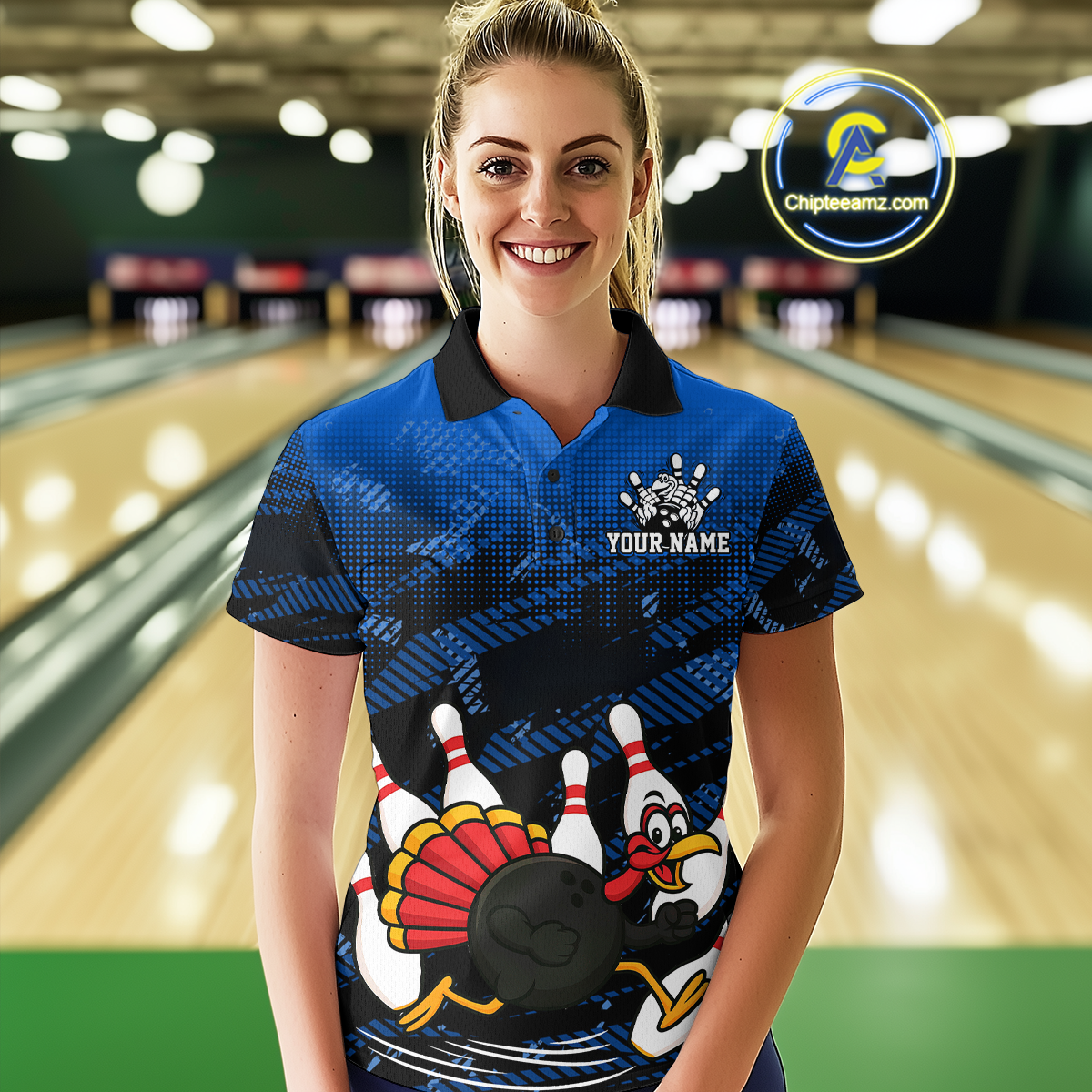 Custom Blue Funny Turkey Bowling Jersey for Women Thanksgiving Bowling Team Shirts Polo & 1/4 Zip HNT125