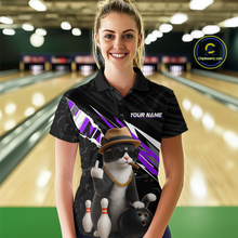 Load image into Gallery viewer, Custom Purple Funny Cat Bowling Jersey for Women Bowling Shirt Polo &amp; 1/4 Zip Bowling Team Shirts HNT136
