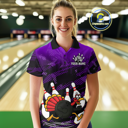 Custom Purple Funny Turkey Bowling Jersey for Women Thanksgiving Bowling Team Shirts Polo & 1/4 Zip HNT125