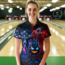 Load image into Gallery viewer, Custom American Flag Bowling Shirt Hero Bowling Ball Pin Polo &amp; 1/4 Zip Bowling Jersey for Women QZT800