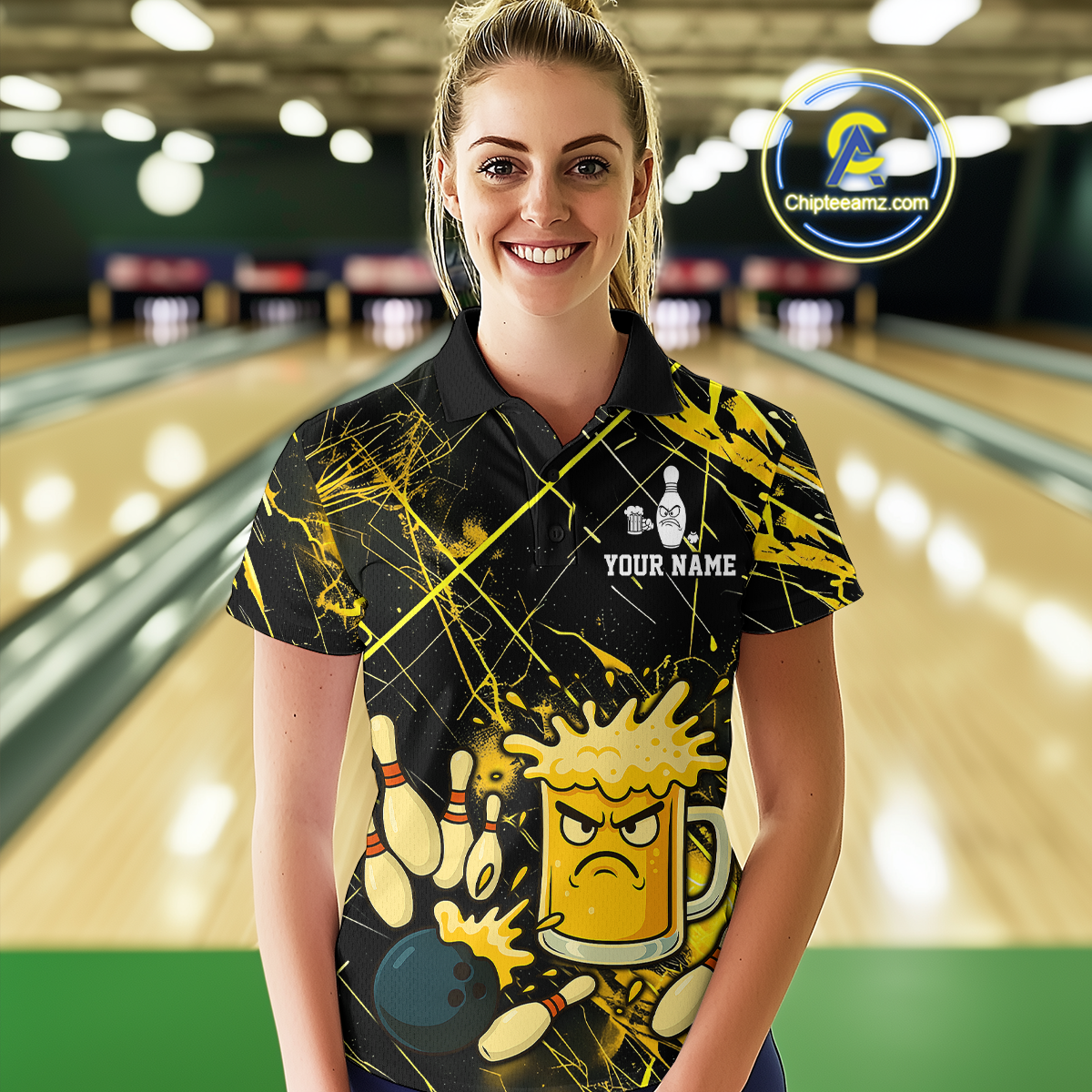 Custom Yellow Funny Beer Bowling Shirt Team Bowling League Jersey for Women Bowling Outfit QZT767