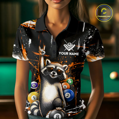 Custom Orange Funny Raccoon Billiard Shirt for Women 8 Ball Pool Billiard Jersey Polo & 1/4-Zip BHT5