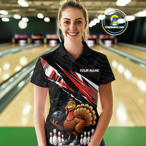 Custom Red Funny Turkey Bowling Jersey for Women Thanksgiving Bowling Shirts Polo & 1/4 Zip HNT117