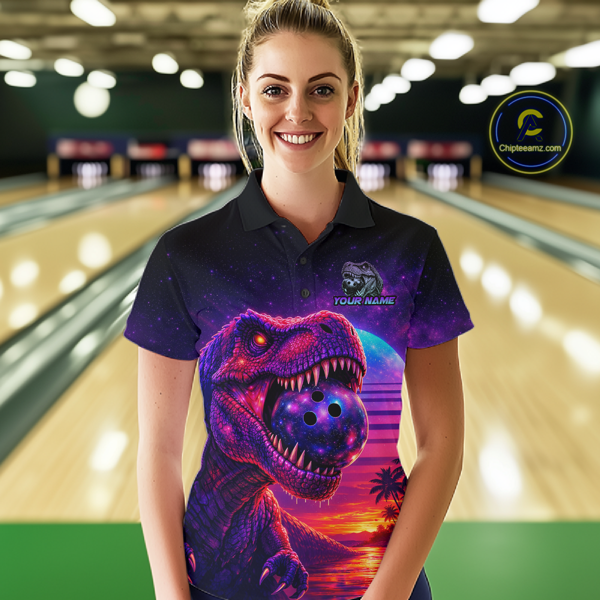 Custom Retro Galaxy Dinosaur Bowling Jersey for Women Bowling Shirts for Team Polo & 1/4 Zip HNT245
