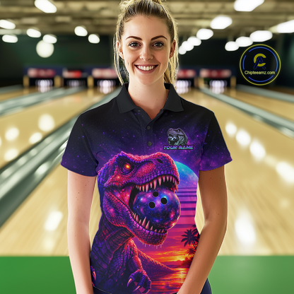 Custom Retro Galaxy Dinosaur Bowling Jersey for Women Bowling Shirts for Team Polo & 1/4 Zip HNT245
