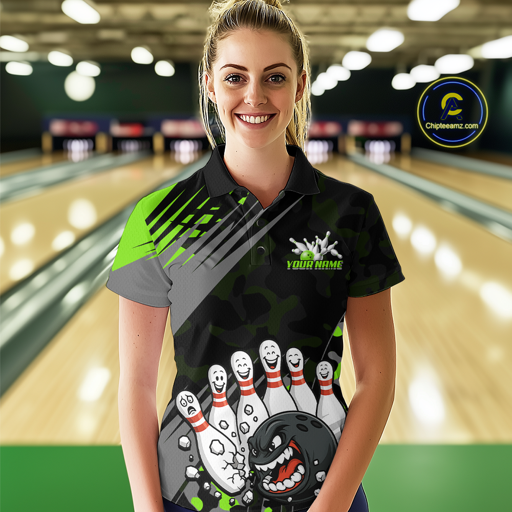 Custom Green Funny Bowling Shirt Crazy Bowling Jersey Women Polo & 1/4 Zip Bowling Outfit QZT785
