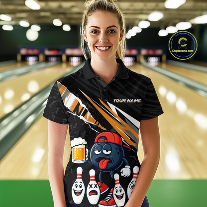 Custom Orange Beer Bowling Jersey for Women Bowling Team Shirts Bowling Uniform Polo & 1/4 Zip HNT133