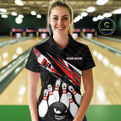 Custom Red Funny Bowling Jersey for Women Bowling Uniform Polo & 1/4 Zip Bowling Team Shirts HNT128