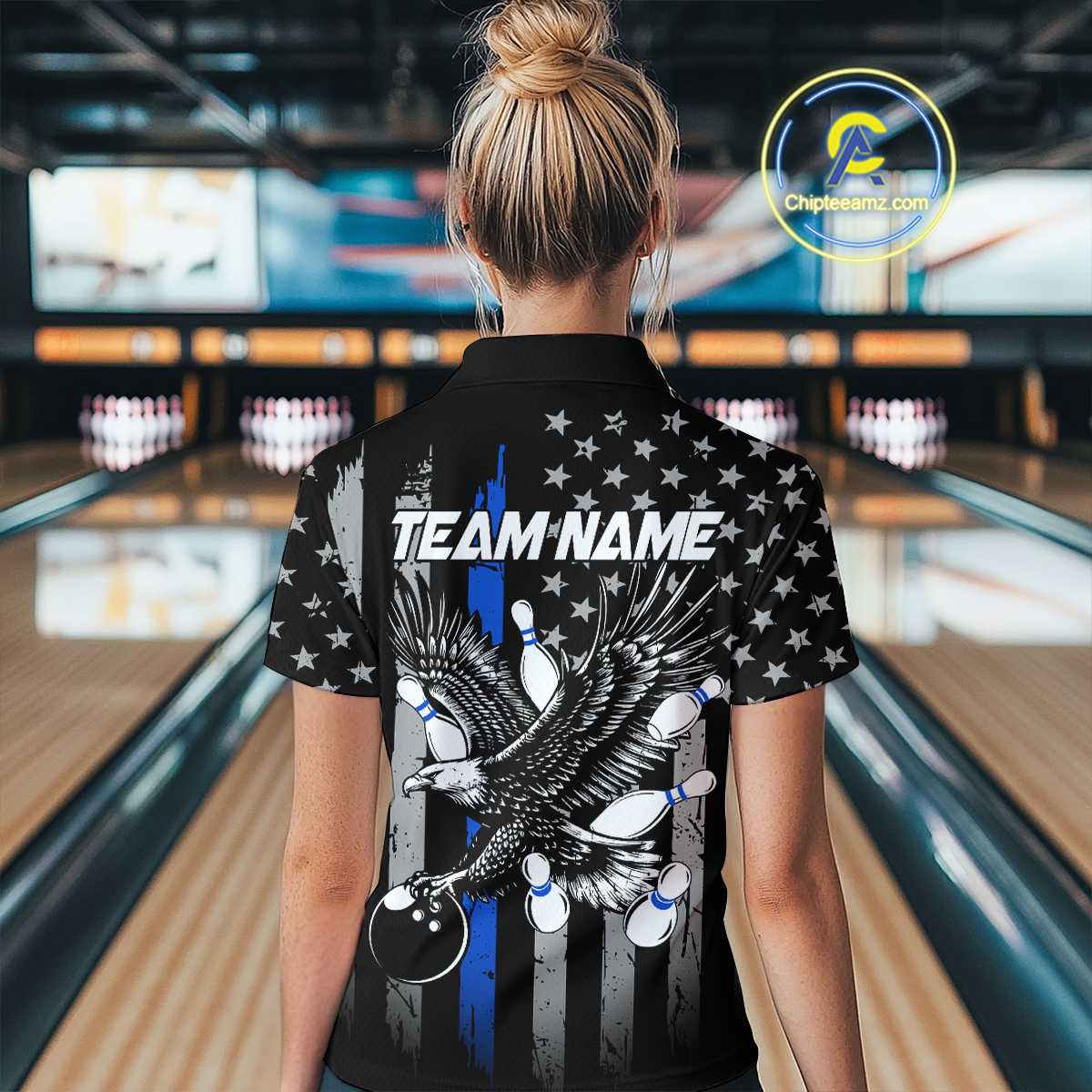 Custom Blue US Flag Eagle Bowling Jersey for Women Bowling Uniform Polo & 1/4 Zip Bowling Team Shirts HNT119