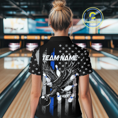 Custom Blue US Flag Eagle Bowling Jersey for Women Bowling Uniform Polo & 1/4 Zip Bowling Team Shirts HNT119