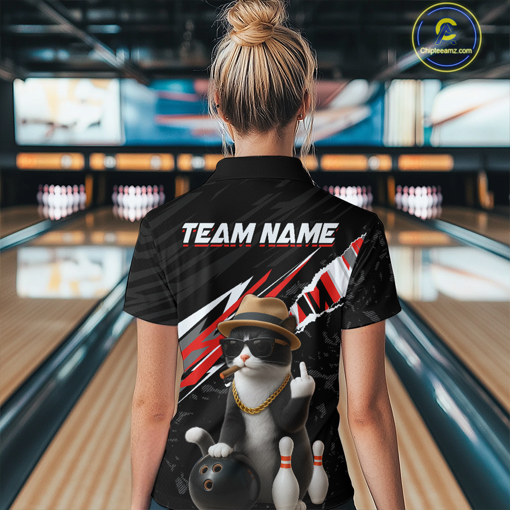 Custom Red Funny Cat Bowling Jersey for Women Bowling Shirt Polo & 1/4 Zip Bowling Team Shirts HNT136
